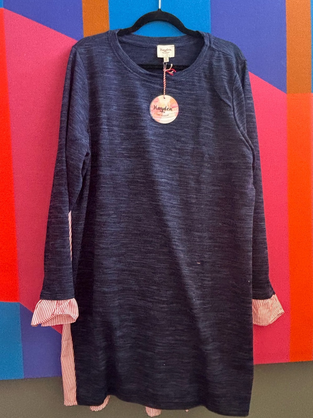 NWT Hayden Navy Layered-Look Long-Sleeve Dress with Striped Cuffs and Back.